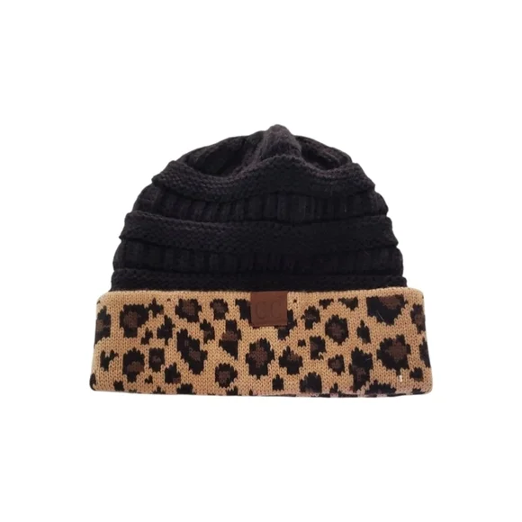 C.C Exclusive Beanie Tail Black and Tan Leopard Cable Knit Messy Bun Hat OS - Picture 2 of 6